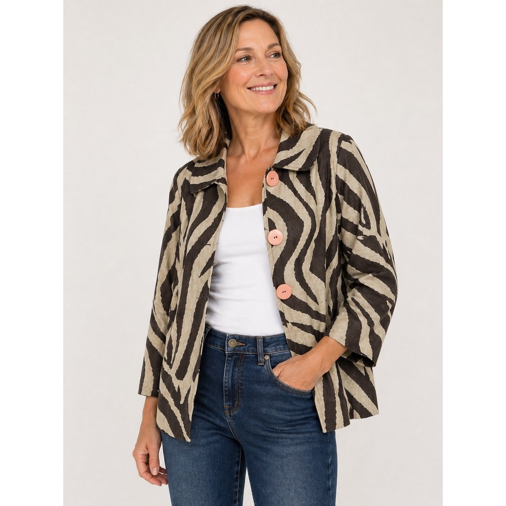 3 SISTERS Linen Cotton Jacket Women's‎ Large Brown Zebra Safari Lined Buttons